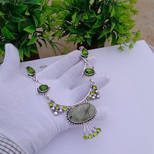 Natürliche Prehnit und Peridot Hydro Glasstein Halsketten | 925 Silber überzogene Halskette | Edelstein Halskette | Geschenk für sie | Prehnit Schmuck