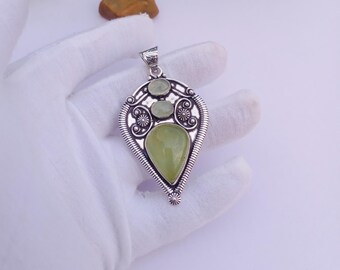 Natural Prehnite Pendant | 925 Silver Plated Pendant | Gemstone Pendant | Teardrop Pendant | Statement Pendant | Prehnite Jewelry
