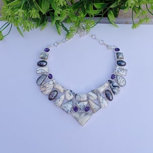 Collar de ópalo dendrita natural, perla de color y amatista hidrocristalina / Collar chapado en plata 925 / Collar ajustable de joyería