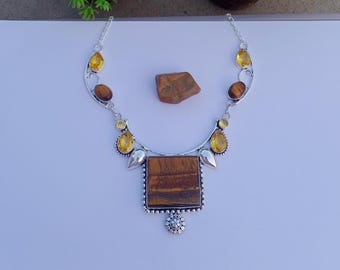 Beautiful Tiger's Eye And Citrine Hydro Glass Stone Necklace | Silver plated Necklace | Gift For Her Gemstone Necklace | Tiger's Eye Jewelry