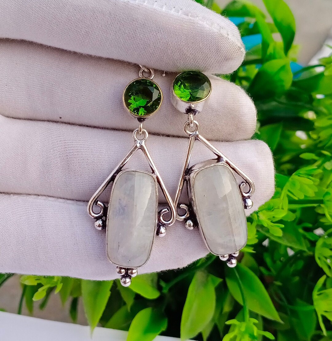 Natural Moonstone Earring Silver Plated Earring Peridot Etsy
