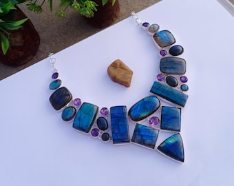 Natural Labradorite Necklace | Silver plated Necklace | Amethyst Hydro glass Necklace | Statement Necklace | Labradorite Jewelry