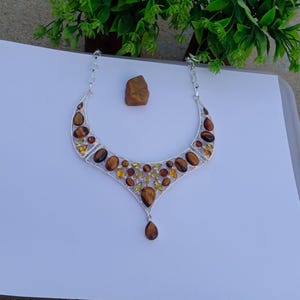 Beautiful Tiger&#39;s Eye And Citrine Hydro Glass Stone Necklace | Silver plated Necklace | Statement Necklace | Tiger&#39;s Eye Jewelry
