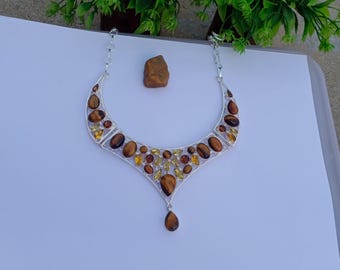 Beautiful Tiger's Eye And Citrine Hydro Glass Stone Necklace | Silver plated Necklace | Statement Necklace | Tiger's Eye Jewelry
