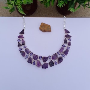 Natural Amethyst Raw And Amethyst hydro glass Stone Necklace | Silver plated necklace | Statement Necklace | Gift For On Anniversary