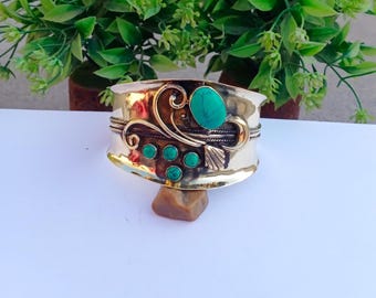 Mooie turquoise armband | Messing armband| BOHO-armband | Ovale armband | Statement-armband | Turkoois armbandsieraden