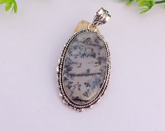 Natural Dendrite Opal Pendant, Silver Plated Pendant, Boho Pendant, Oval Pendant, Statement Pendant, Gift For Her, Designer Jewelry