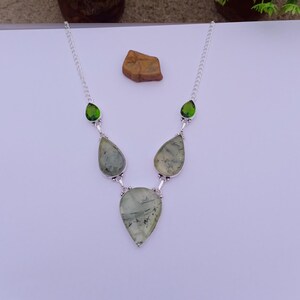 Natürliche Prehnit und Peridot Hydro Glasstein Halskette | 925 Silber überzogene Halskette | Zierliche Prehnit Halskette | Prehnit Schmuck