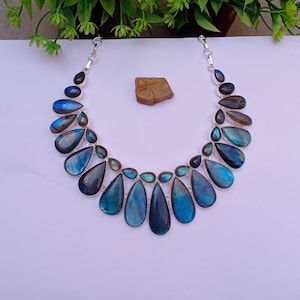 Natural Labradorite Stone Necklace | Silver plated Necklace | Gemstone Necklace | Statement Necklace | Labradorite Jewelry