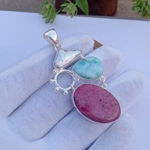 Beautiful Ruby Zoisite, Larimar And Pearl Pendent | Silver plated Pendent | Gemstone Pendant | Ruby Zoisite Pendant  | Designer Pendant