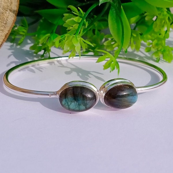 Natural labradorite Bangle| Silver Plated Bangle| Statement Bangle| Women Bangle| Bangle For Girl| Oval Shape Bangle| Handmade Jewelry