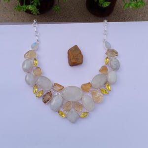 Natural Moonstone, Citrine Raw And Citrine Hydro Glass Stone Necklace | 925 Silver plated necklace | Gift For On Anniversary