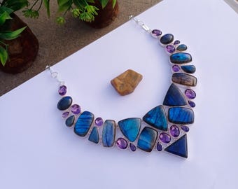 Natural Labradorite Amethyst Hydro Glass Necklace | 925 Silver plated Necklace | Statement Necklace |  Gift For Her | Labradorite Jewelry