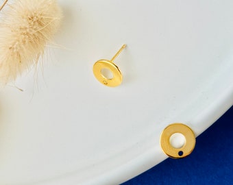 2 accesorios para pendientes, calados, redondos, circulares, con botón, de acero inoxidable chapado en oro, 10 mm, juego de 2