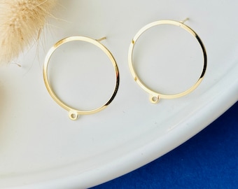 2 Soportes para aretes, calados, redondos, círculo, perno, chip, acero inoxidable fino con baño de oro de 18k, oro, 25 mm, juego de 2 piezas