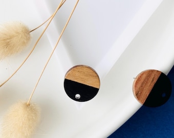 2 soportes para pendientes, calados, redondos, círculos, tachuelas, chips, madera de nogal y resina negra, dorados, 15 mm, juego de 2 piezas