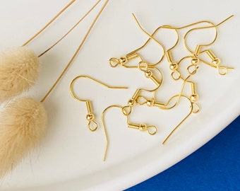10 Earring findings, earring hooks, 18k gold-plated stainless steel, gold, 20mm, pack of 10