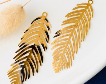 2 Shuttle leaf feather pendants 55mm, wavy, ribbed, hammered, spindle, charm, silver stainless steel, gold, 55x19mm