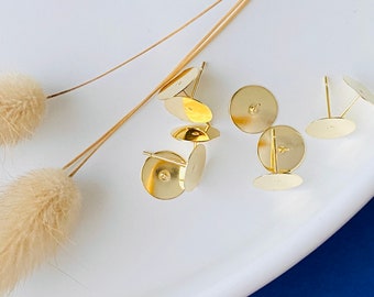 10 Supports 10mm earrings, nail, chip, for cabochon, stainless steel gilded with fine 24k gold, 10 mm, lot of 10 pieces