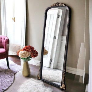 Full Body Mirror With Gold on Black. Full Length Mirror, Long Floor Mirror Home Decor, Baroque Mirror Farmhouse Decorative Wood Frame Mirror