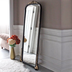 Antiqued Ornate Frame Floor Mirror Living Room Decor, Vintage Mirror Home Decor Full Length Mirror, Farmhouse Mirror Home Gift Wall Decor Gold on Black