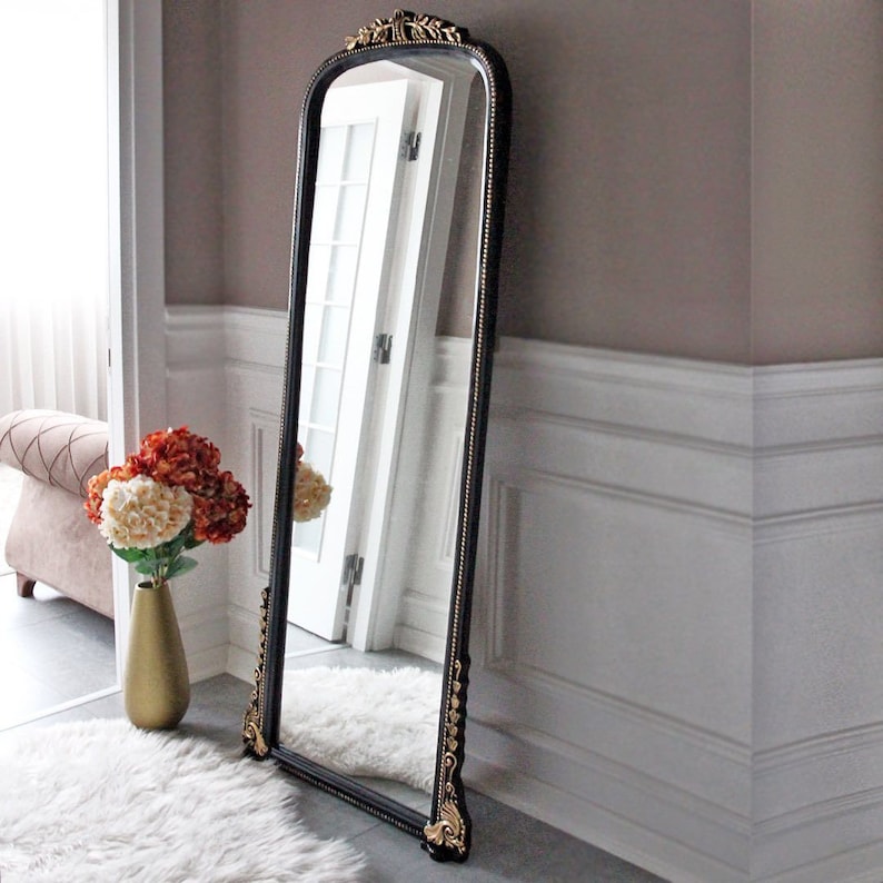 Antiqued Ornate Frame Floor Mirror Living Room Decor, Vintage Mirror Home Decor Full Length Mirror, Farmhouse Mirror Home Gift Wall Decor Gold on Black