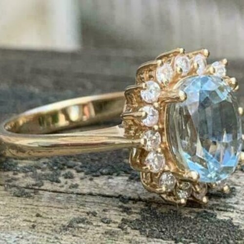 4.50 CTW Oval Cut Natural Aquamarine Halo Solitaire Ring - Solid Yellow Gold Moissanite Diamonds shops Ring - Women's Anniversary Gift For Mother
