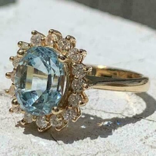 4.50 CTW Oval Cut Natural Aquamarine Halo Solitaire Ring - Solid Yellow Gold Moissanite Diamonds shops Ring - Women's Anniversary Gift For Mother