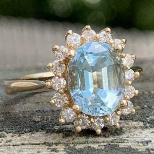 4.50 CTW Oval Cut Natural Aquamarine Halo Solitaire Ring - Solid Yellow Gold Moissanite Diamonds shops Ring - Women's Anniversary Gift For Mother