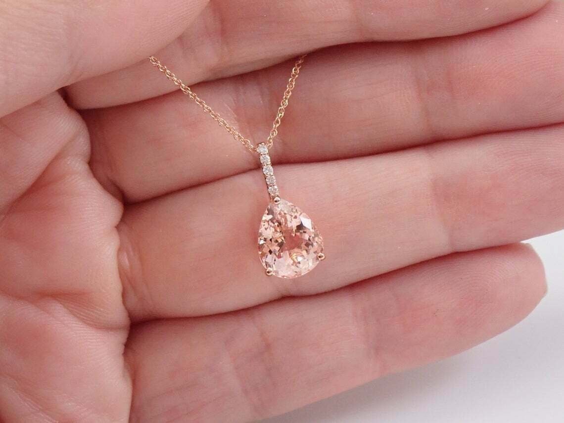 2.80CTW Pear Cut Peach Morganite Genuine/Solitaire Pendant Necklace Rose Gold 18 Inches Cable Chain/Women's Wedding Neck Piece