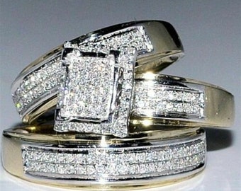 Trio Bridal His and Hers Wedding Engagement Ring Set Princess Cut Cubic Zirconia 925 Sterling Silver