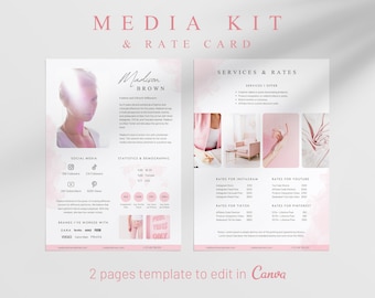 May include: A pink and white media kit and rate card template for social media influencers. The template features a photo of a woman, social media statistics, and pricing for various services. The text "MEDIA KIT & RATE CARD" is at the top of the page. The text "Madison Brown" is in a pink box. The text "2 pages template to edit in Canva" is at the bottom of the page.