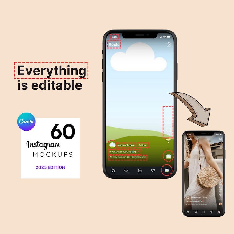 Może przedstawiać: Makieta postu na Instagramie na ekranie smartfona. Post zawiera wideo kobiety robiącej zakupy. Wideo jest zatytułowane "my august shopping spree" i zawiera etykietę "Reels". Post zawiera r&oacute;wnież komentarz od "madisonbrown" i przycisk "Obserwuj". Ekran smartfona jest otoczony białym tłem z tekstem "Wszystko jest edytowalne" i logo Canva.