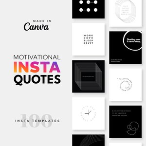 Könnte beinhalten: Ein Satz von 100 Instagram-Zitatvorlagen, die in Canva erstellt wurden. Die Vorlagen zeigen geometrische Designs in Schwarzweiß und motivierende Zitate. Der Text "Motivational Insta Quotes" wird in einem Farbverlauf von Pink, Orange und Gelb angezeigt.