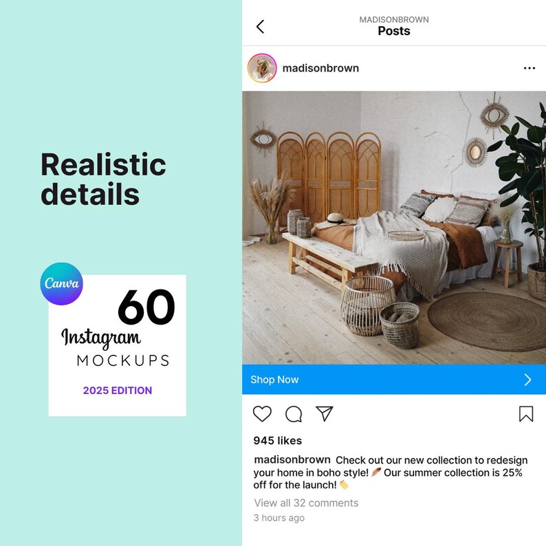Może przedstawiać: Mockup projektu wnętrza sypialni z ł&oacute;żkiem z brązową kołdrą i białymi poduszkami, plecioną ścianką działową i r&oacute;żnymi plecionymi koszami. Tekst "madisonbrown Sprawdź naszą nową kolekcję, aby przeprojektować sw&oacute;j dom w stylu boho! Nasza kolekcja letnia jest przeceniona o 25% z okazji premiery!" jest wyświetlany pod obrazkiem.