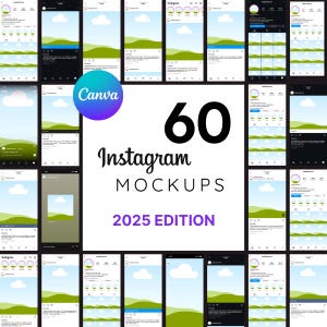 Puede incluir: Un collage de 60 plantillas de maquetas de Instagram que muestran un paisaje verde con un cielo azul y nubes blancas. El texto "60 Instagram Mockups 2025 Edition" se muestra en el centro de la imagen.