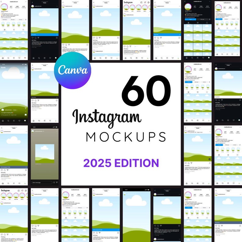 Może przedstawiać: Kolaż 60 szablon&oacute;w makiet Instagram przedstawiających zielony krajobraz z błękitnym niebem i białymi chmurami. Tekst "60 Instagram Mockups 2025 Edition" jest wyświetlany w środku obrazu.
