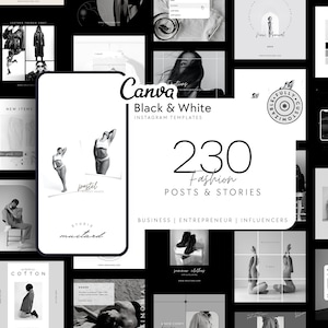 Black and White Fashion Instagram Templates: 230 Canva Posts (PDF)