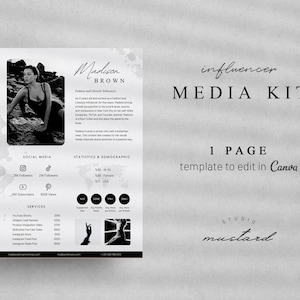 1 Page Media Kit Canva Template | Instagram, Influencer, Blogger, TikTok, YouTube Media Kit & Rate Card Template | Social Media Kit | Black