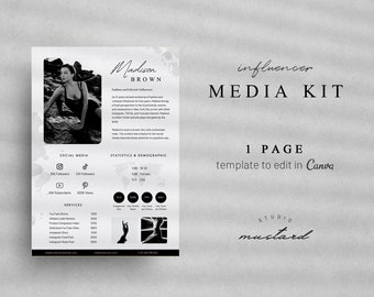 1 Page Media Kit Canva Template | Instagram, Influencer, Blogger, TikTok, YouTube Media Kit & Rate Card Template | Social Media Kit | Black