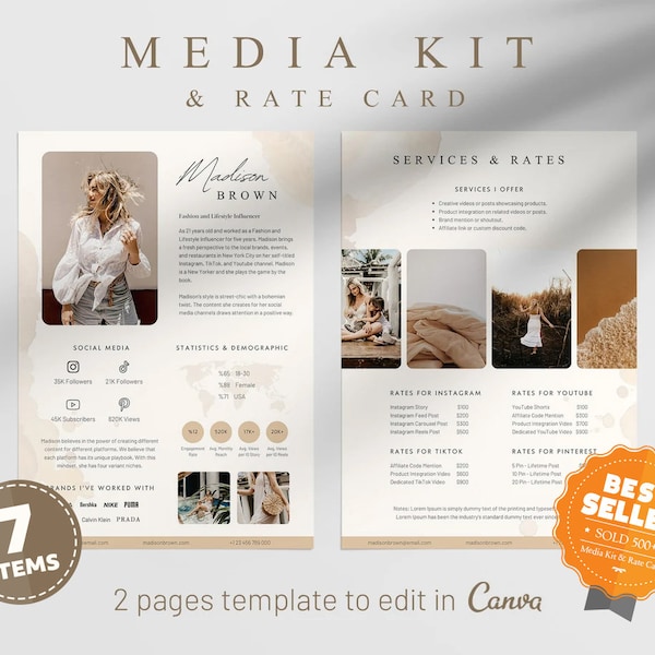 2 Page Media Kit Canva Template | Instagram, Influencer, Blogger, TikTok, YouTube Media Kit | Rate Card Template | Social Media Kit | Brown