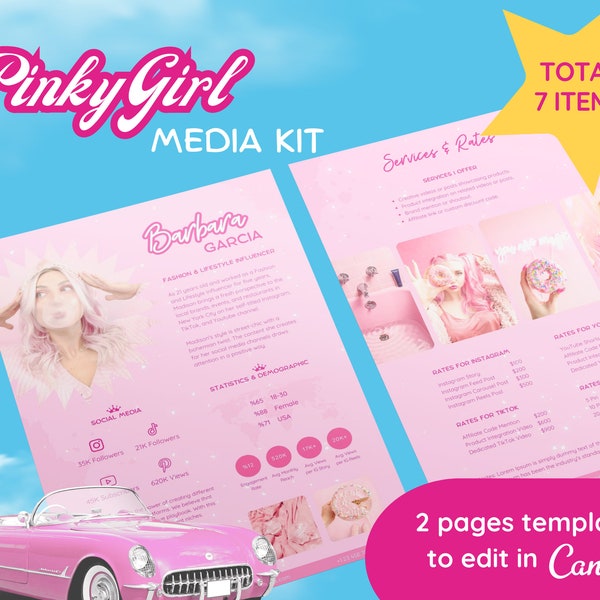 Media Kit Template Canva | 2 Page Pink Social Media Kit | Influencer, Instagram, Blogger, TikTok, YouTube Media Kit | Rate Card Template