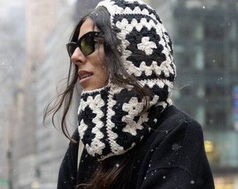 Knitted Balaclava,Granny Square black and white Balaclava, Handknitted Balaclava,Crochet Balaclava