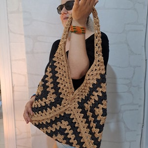 Knitted PapernYarn Shoulder Bag, Black and Brown Crochet Bag, Granny Square Boho Bag, Crochet Shoulder Bag, Handmade Bag