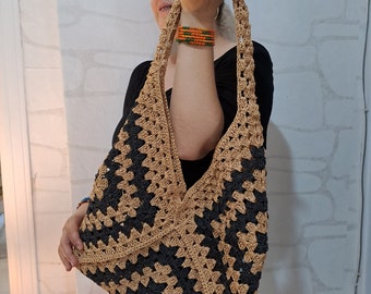 Knitted PapernYarn Shoulder Bag, Black and Brown Crochet Bag, Granny Square Boho Bag, Crochet Shoulder Bag, Handmade Bag