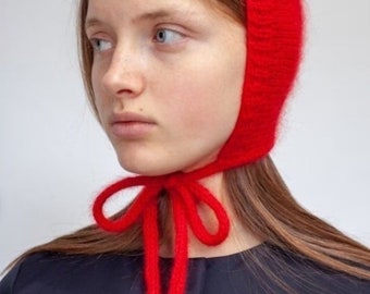 Knitted Tie Bonnet for adults, HandKnit Adult Bonnet,Red Bonnet