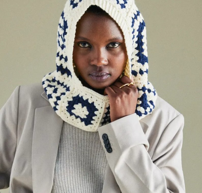 Knitted Balaclava,granny Navy Blue and Cream Balaclava, Handknitted