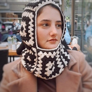 Knitted Balaclava,Granny Square black and white Balaclava, Handknitted Balaclava,Crochet Balaclava