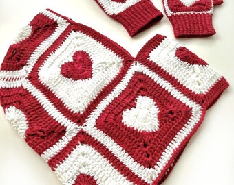 Knitted Heart Balaclava with Fingerless Gloves,Granny Square Heart Red and white Balaclava with Fingerless Glove,Handknitted Heart Balaclava