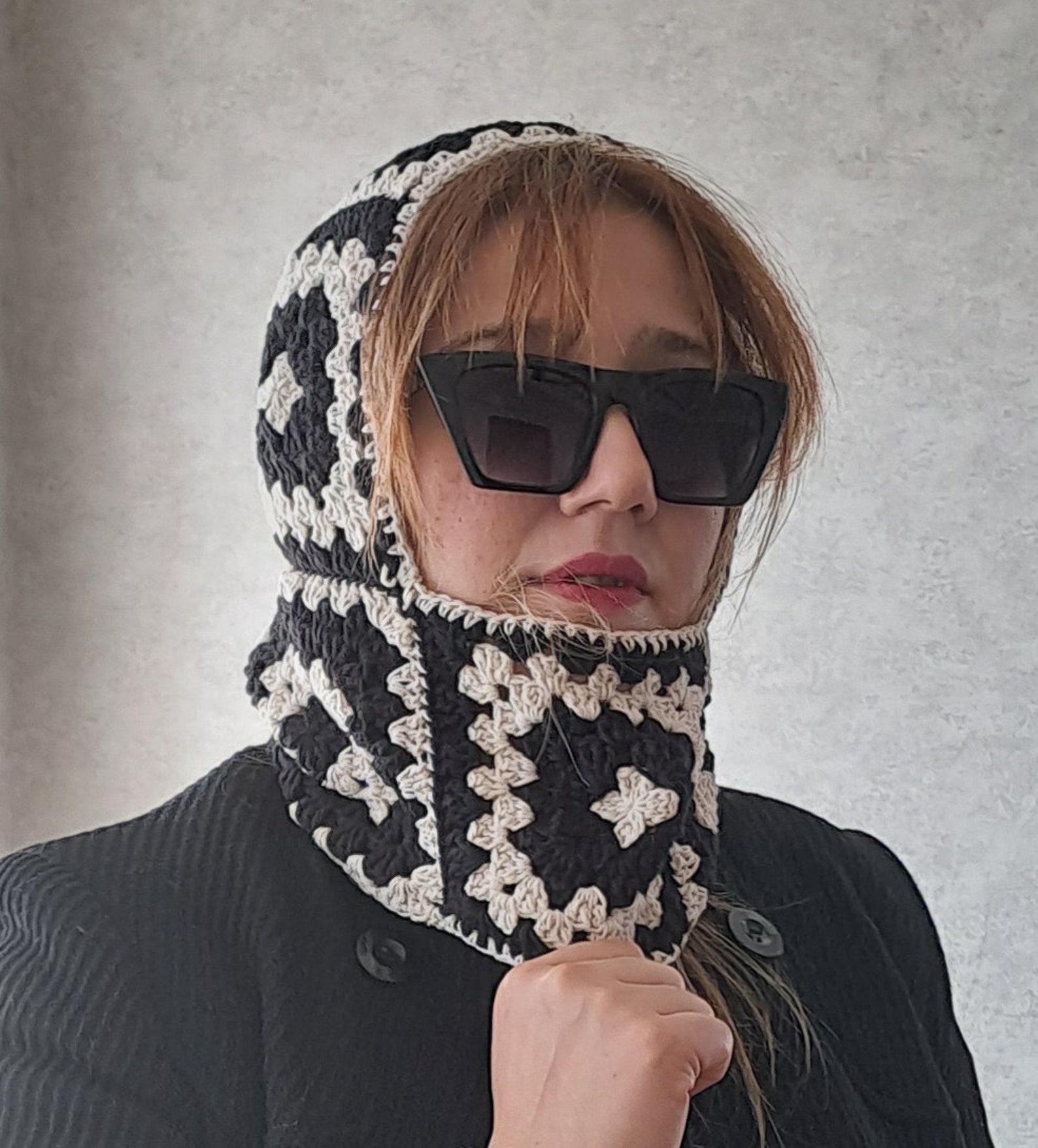 Knitted Balaclavagranny Square Black and White Balaclava - Etsy